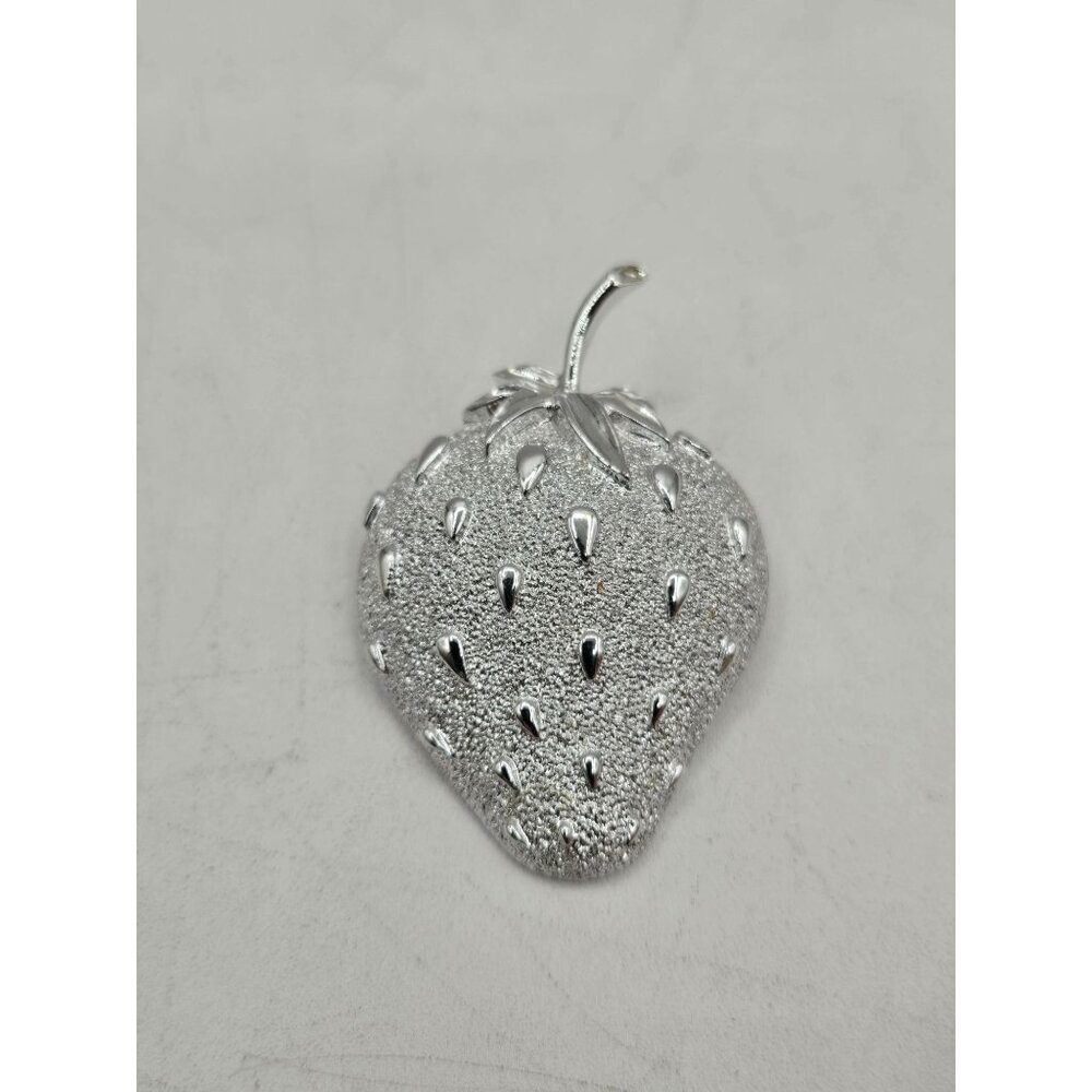 Vintage Sarah Coventry Silver-Tone Strawberry Brooch Pin Textured Design